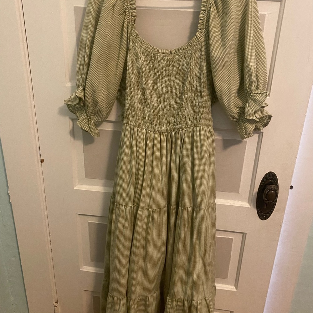 Smocked Sage Green Gingham Maxi Dress